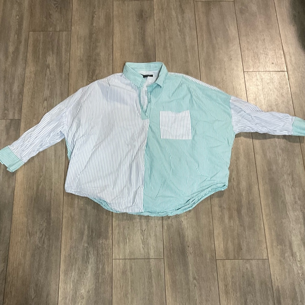 French Connection Women's Striped Shirt - Blue and Green, Size Medium